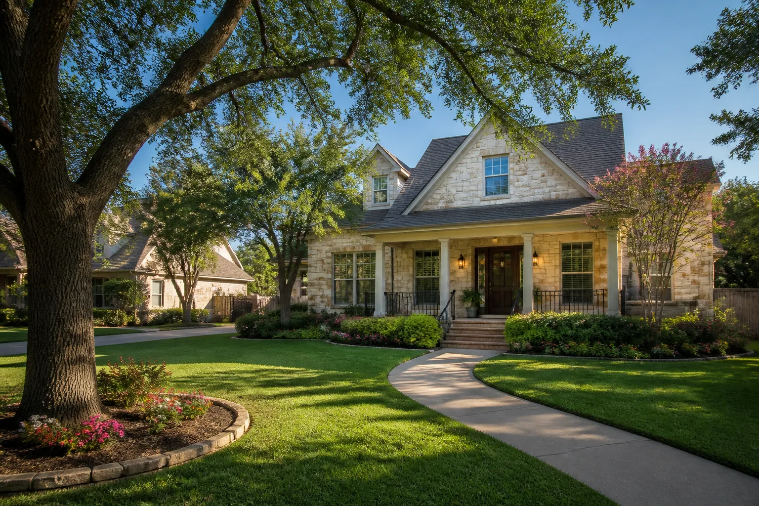 Well-kept neighborhood home with mature trees in Texas.