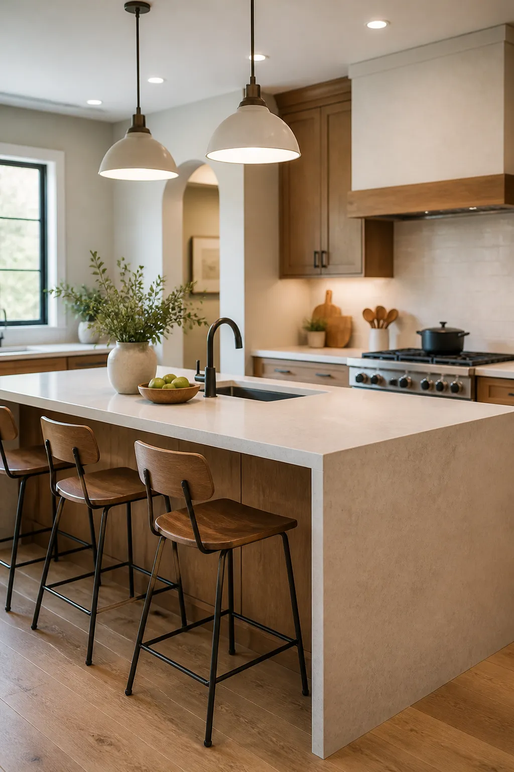 Finished modern kitchen with custom cabinetry and stone island.
