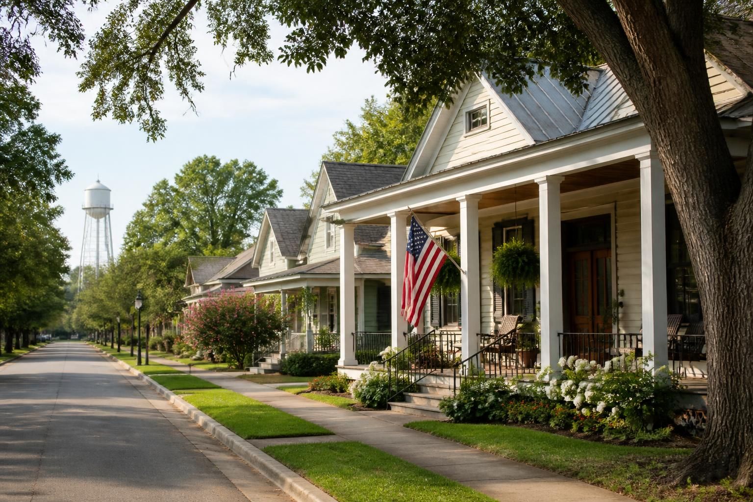 Quiet small-town street with classic Texas homes.