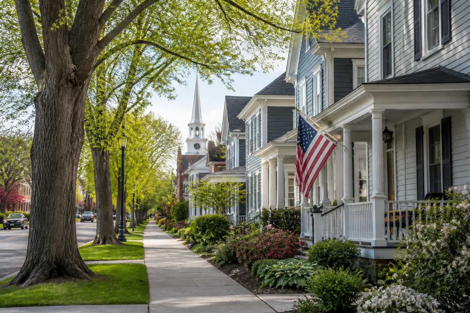 Tidy homes and mature trees on a small-town street.