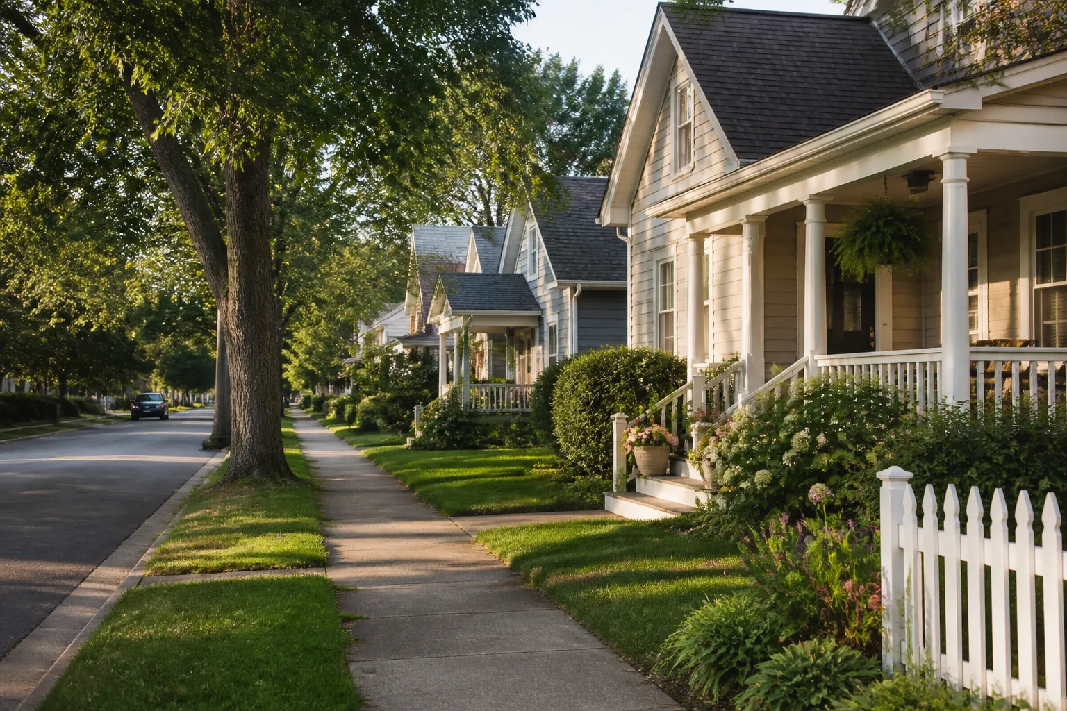 Small-town residential street with modest homes.