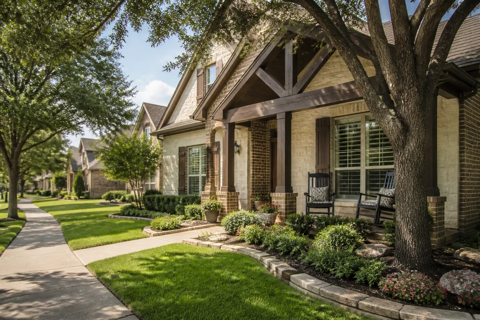 Texas home with trees and a tidy front yard.