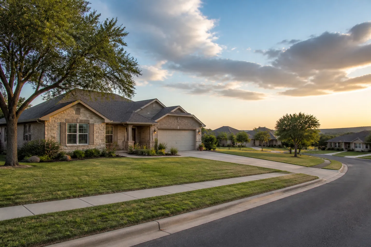 Ranch-style homes under a wide Texas sky.