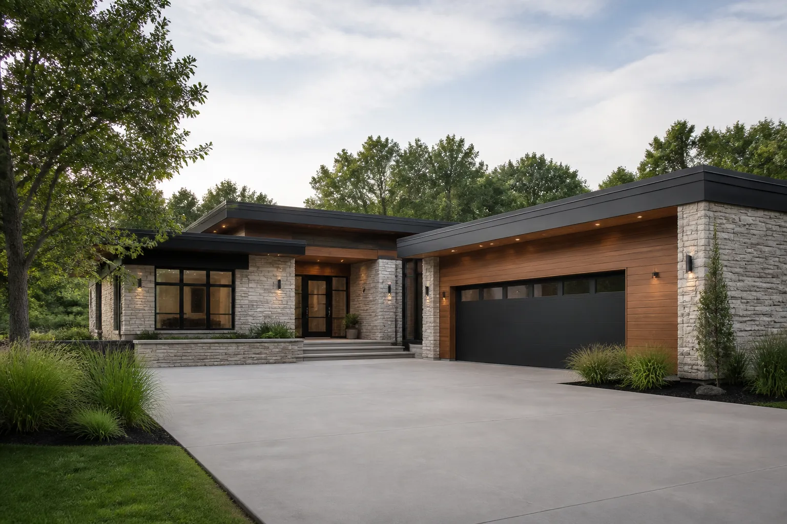 Modern remodeled home exterior with a polished concrete driveway.
