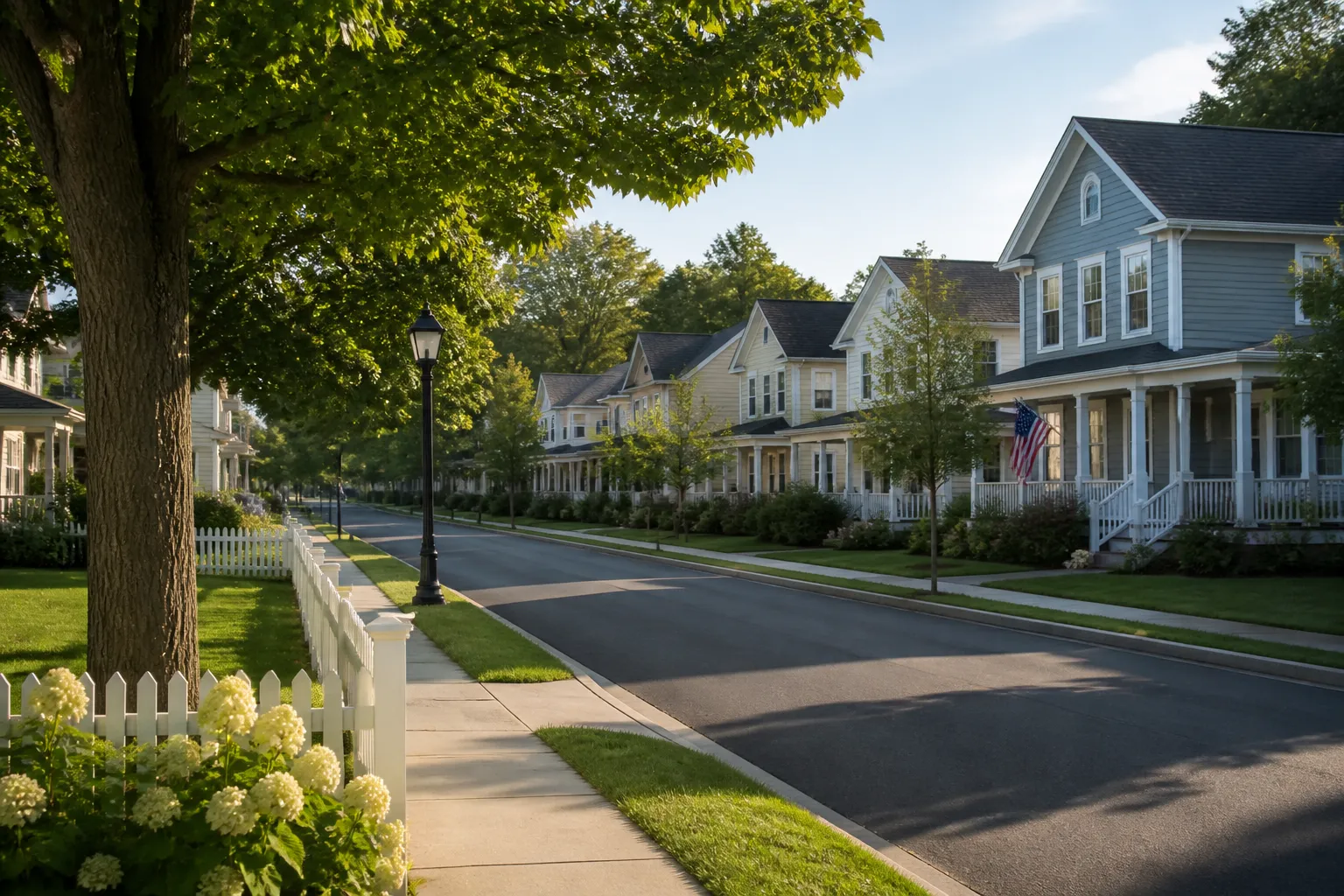 Orderly small-town homes along a calm street.