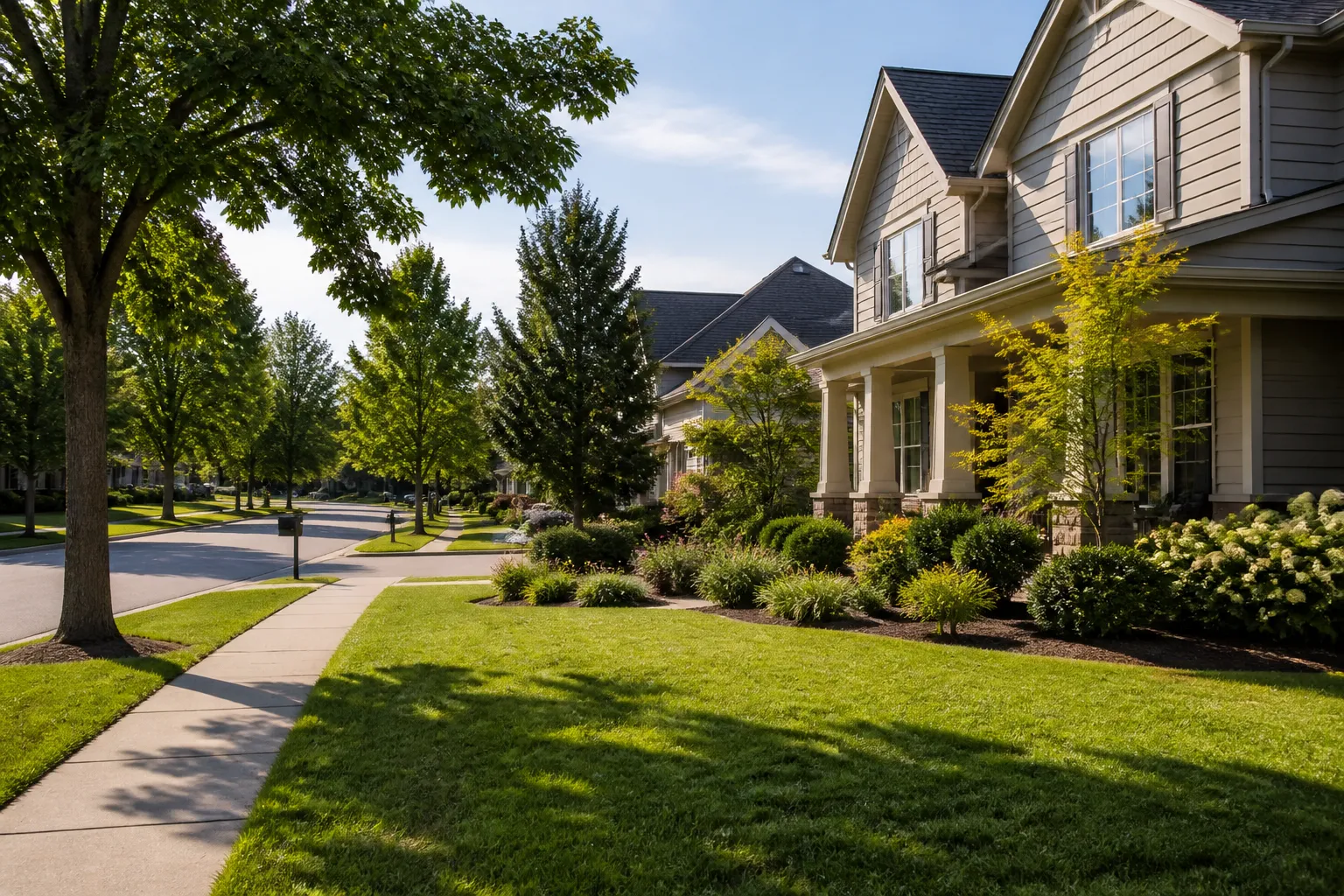 Residential street with spacious yards.