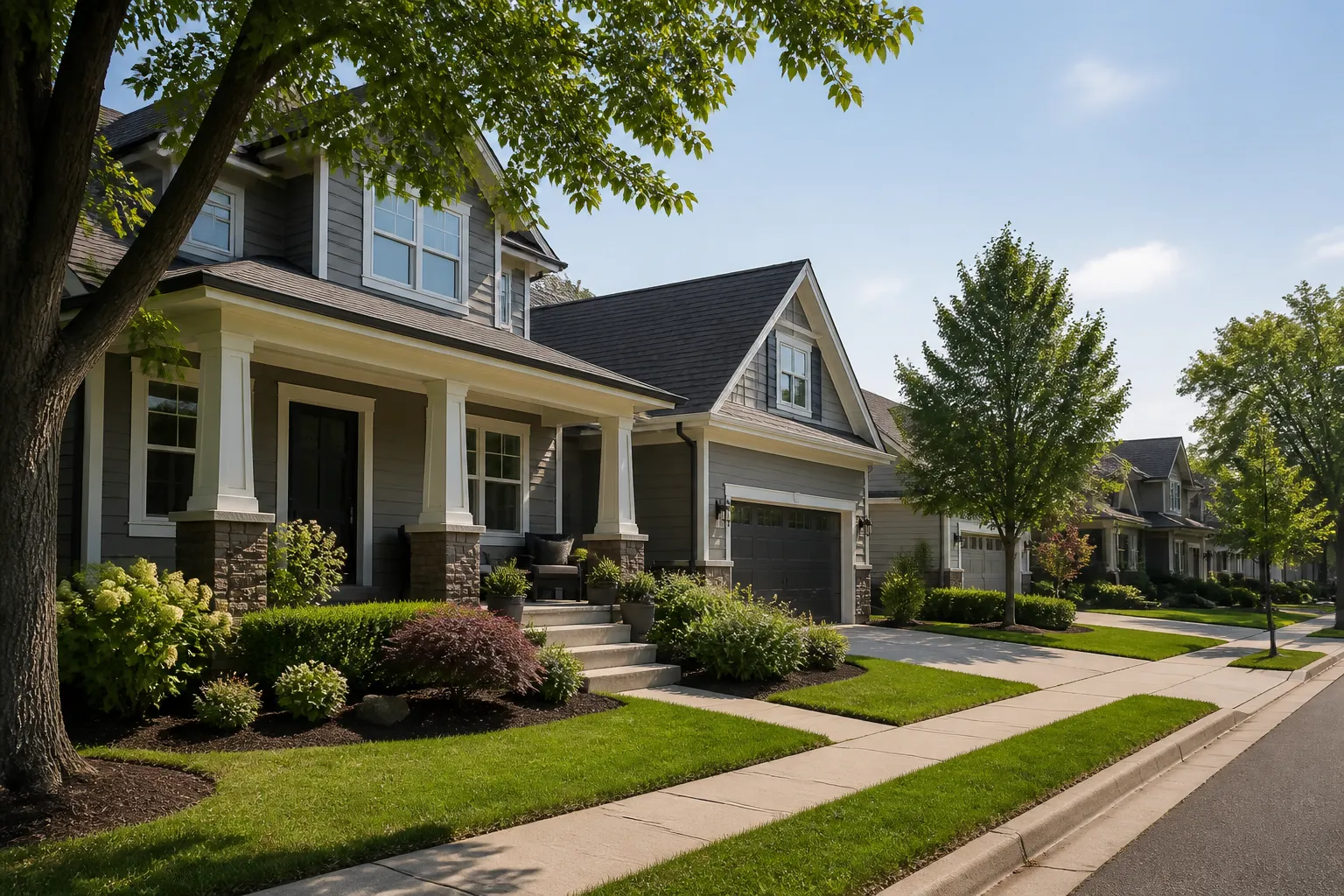 Clean residential street with a maintained home exterior.