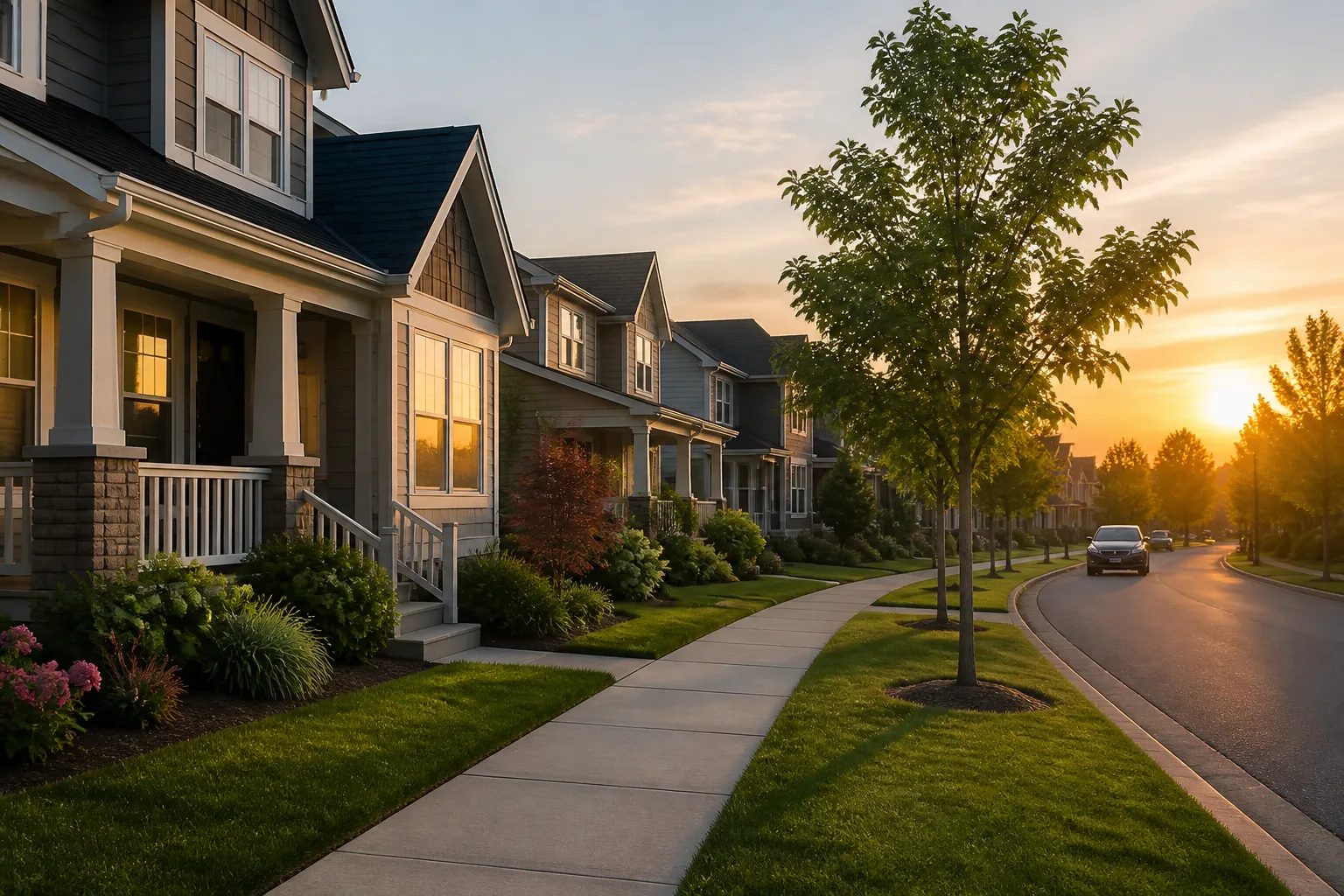 Tidy suburban street with homes and sidewalks.